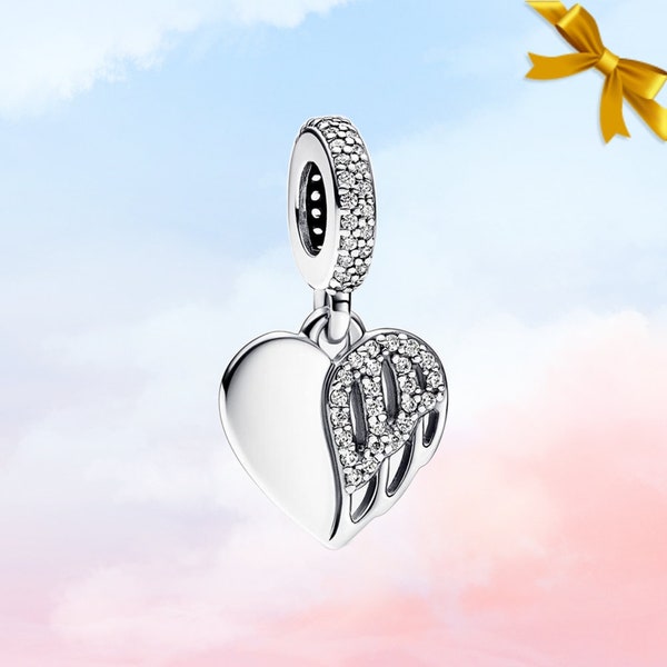 Charm pendentif cœur et ange • Nouveau véritable charme en argent sterling S925 pour bracelet Pandora • Collier pendentif • Cadeau pour elle