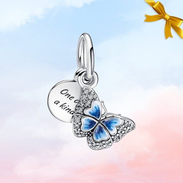 Double breloque papillon bleu et citation • Nouvelle breloque en argent sterling S925 véritable pour bracelet Pandora • Collier à pendentif • Cadeau pour elle