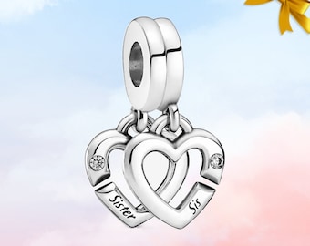 Gekoppelde zuster harten split bungelen charme • Nieuwe echte S925 Sterling zilveren bedel voor Pandora armband • ketting hanger • cadeau voor zus