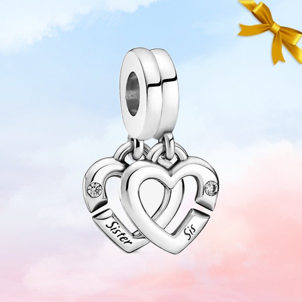 Linked Sister Hearts Split Dangle Charm • New Genuine S925 Sterling Silver Charm for Pandora Bracelet • Necklace Pendant • Gift for Sister