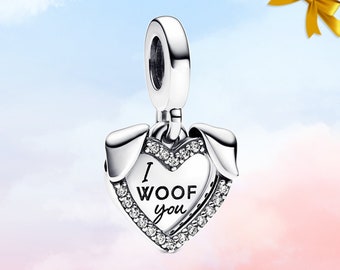 Heart & Dog Double Dangle Charm • Nieuwe echte S925 Sterling zilveren Pandora-bedel voor armband • Kettinghanger • Cadeau voor haar