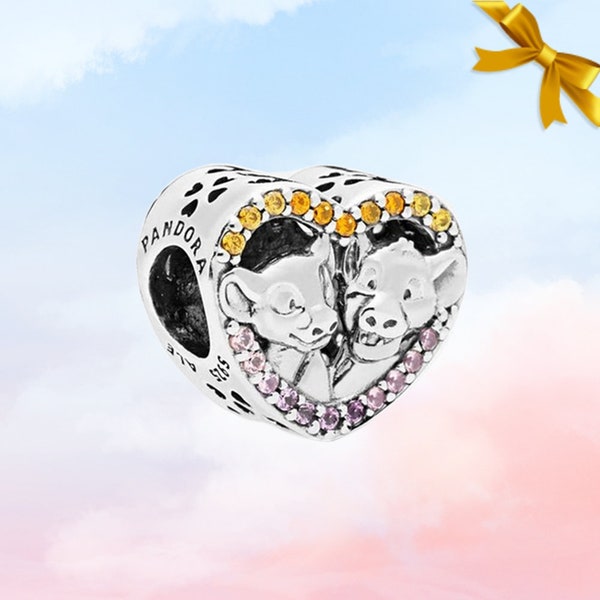 Der König der Löwen Simba und Nala Herz Charm • Neuer echter S925 Sterling Silber Charm für Pandora Armband • Halsketten Anhänger • Geschenk für Sie