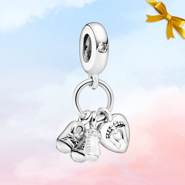 Baby Bottle and Shoes Dangle Charm • Gift for New Mum • New Genuine S925 Sterling Silver Pandora Charm for Bracelet • Necklace Pendant