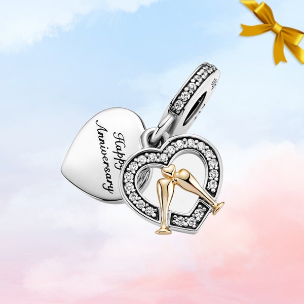 Two-tone Happy Anniversary Dangle Charm • New Genuine S925 Sterling Silver Charm for Bracelet • Necklace Pendant • Best Gift for Her