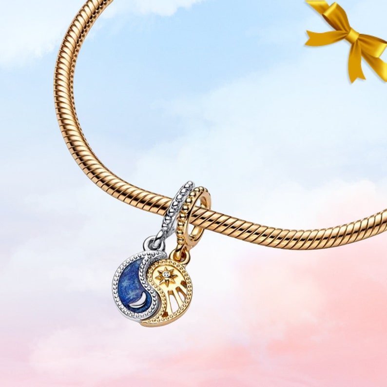 Zweifarbiger teilbarer Sonne und Mond-Anhänger Neuer echter Anhänger aus S925-Sterlingsilber für Pandora-Armband Halskettenanhänger Geschenk für Sie Bild 3