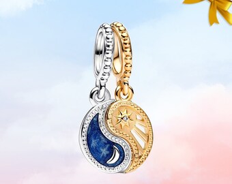 Tweekleurige splitsbare Sun & Moon Dangle Charm • Nieuwe echte S925 Sterling zilveren bedel voor Pandora armband • Ketting hanger • Cadeau voor haar
