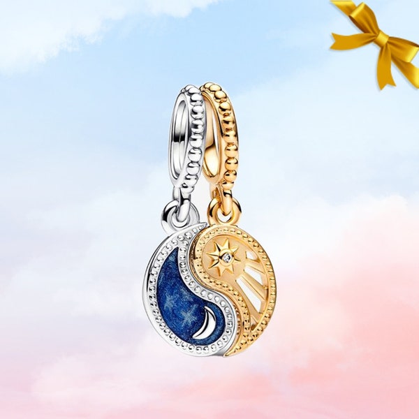 Two-tone Splittable Sun & Moon Dangle Charm • New Genuine S925 Sterling Silver Charm for Pandora Bracelet • Necklace Pendant • Gift for Her