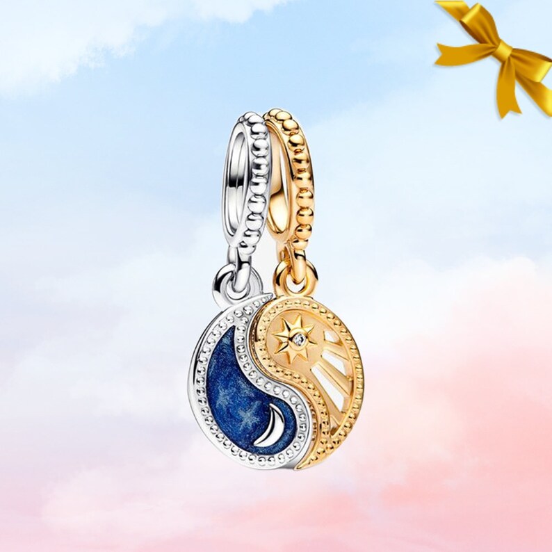 Zweifarbiger teilbarer Sonne und Mond-Anhänger Neuer echter Anhänger aus S925-Sterlingsilber für Pandora-Armband Halskettenanhänger Geschenk für Sie Bild 1