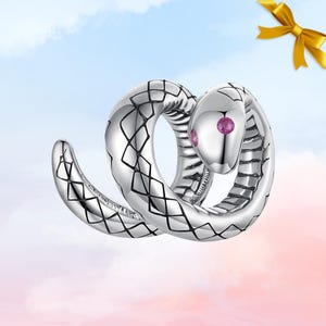 May include: A silver snake charm with a diamond pattern. The snake has pink gemstone eyes and is coiled. The background is a gradient of blue and pink. A yellow ribbon is in the top right corner.
