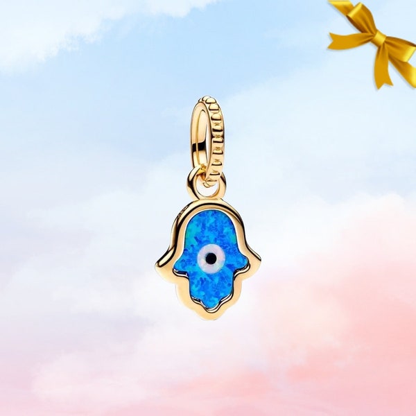 Opalescent Blue Hamsa Hand Dangle Charm • 14k Gold Plated Charm for Pandora Bracelet • Necklace Pendant • Best Gift for Her