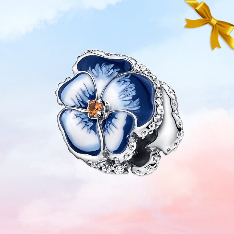 Blue Pansy Flower Charm Nieuwe echte S925 Sterling zilveren bedel voor Pandora armband Ketting hanger Beste cadeau voor haar afbeelding 4