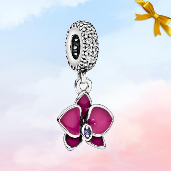 Paarse orchidee bloem bungelen charme • Echte 925 sterling zilveren Pandora bedel voor armband • Ketting hanger • Cadeau voor haar • Kom in een doos