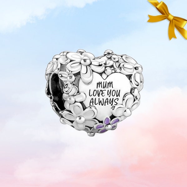 Charm coeur marguerite pour maman • Nouveau charme Pandora en argent sterling S925 véritable pour bracelet • Collier pendentif • Meilleur cadeau pour maman