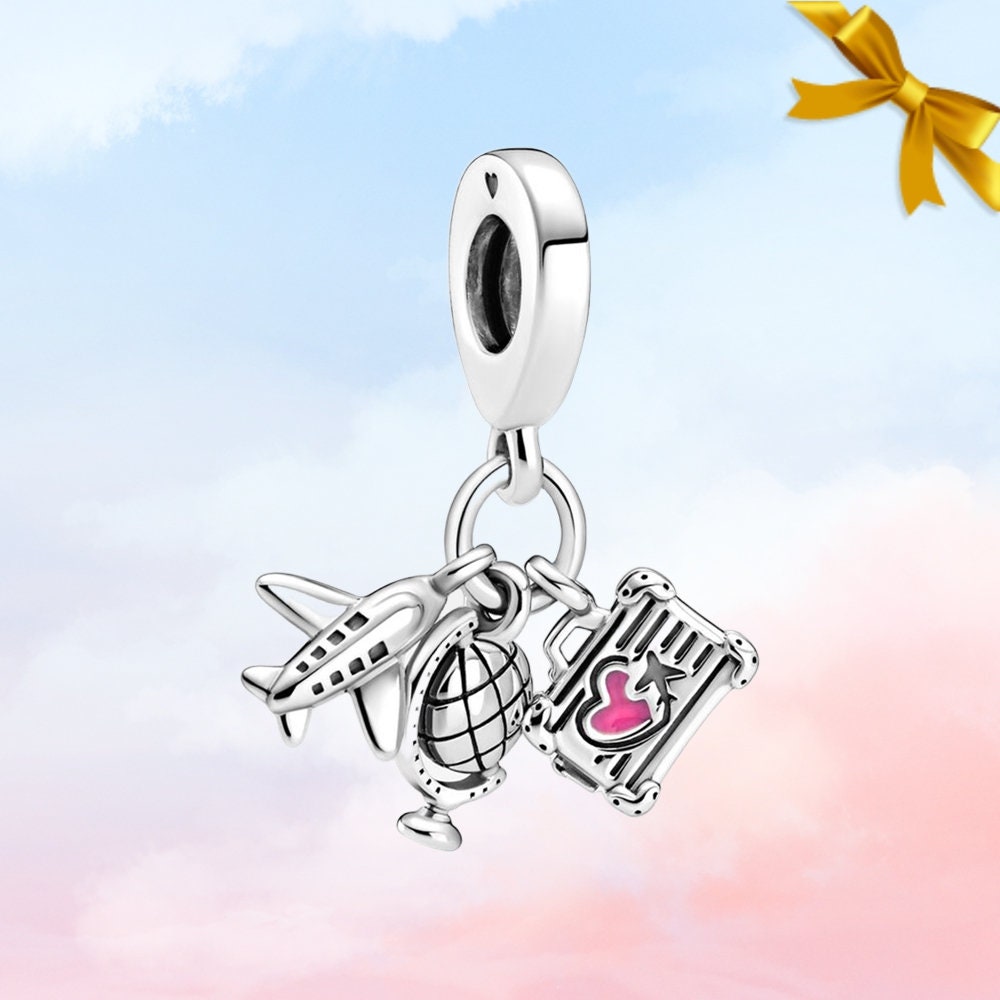 Airplane globe Suitcase Dangle Charm New Genuine S925 Sterling