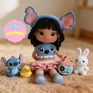 May include: A handmade crochet doll with black hair, wearing a blue and pink outfit, and a matching hat with large ears. The doll is surrounded by other crochet toys, including a blue alien, a yellow duck, a small purse, and a white bunny. The text "PDF PATTERN" is in the upper left.