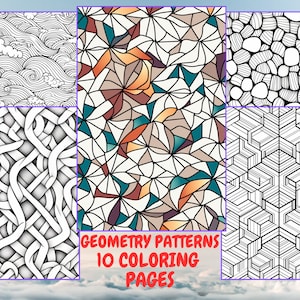 May include: Ten colouring pages featuring geometric patterns. The patterns are black and white and include waves, stones, a woven pattern, a stained glass pattern, and a pattern of cubes.