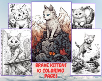 10 Brave Kittens coloring pages, Adult coloring, Kids coloring, Anxiety relief, Printable pages, Instant Download, Commercial use
