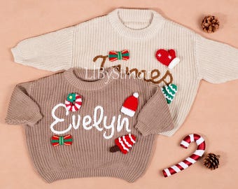 Maglione natalizio personalizzato ricamato a mano – Vestito natalizio personalizzato con nome per bambino