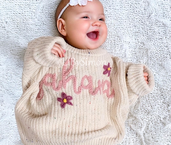 Embroidered Name Baby Sweater: Custom Chunky Knit Jumper