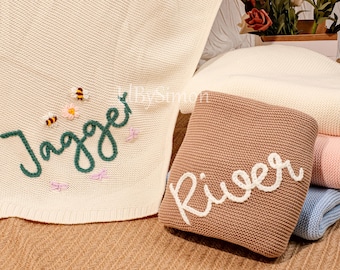 Personalized Knit Baby Blanket, Hand-Embroidered Organic Cotton