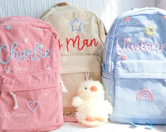 Personalisierter Cord Rucksack: Personalisierte bestickte Schultasche für Kinder