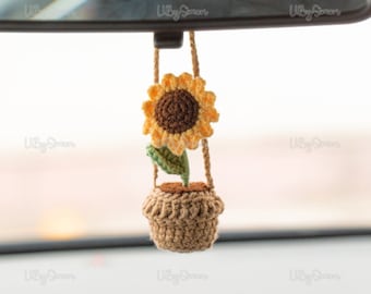 Rear View Mirror Decor Charm First Car Gift for WomenHandmade Sunflower Daisy Swining Plant Hanging Crochet Cute Flower Car Accessories