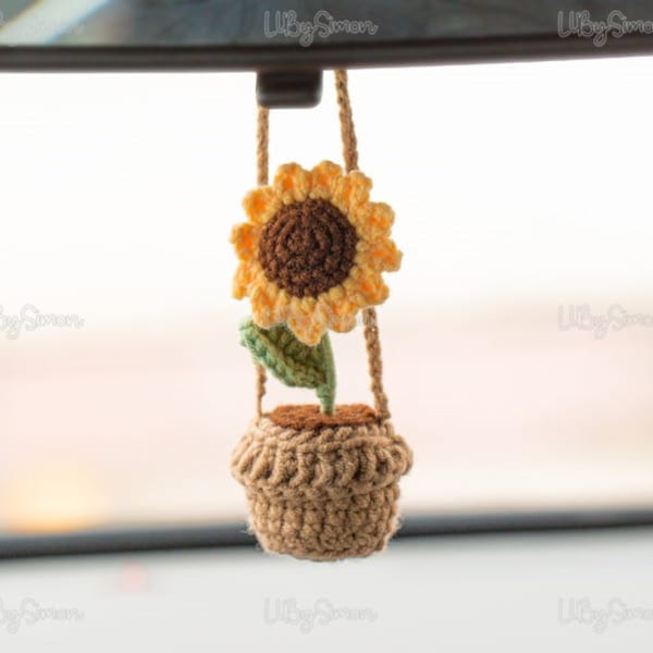 Rear View Mirror Decor Charm First Car Gift for WomenHandmade Sunflower Daisy Swining Plant Hanging Crochet Cute Flower Car Accessories