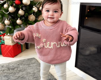Personalized Hand-Embroidered Baby Sweater - Custom Name, Adorable Sweater for Baby Girls, Ideal for Baby Showers and Christmas Gifts