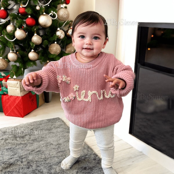 Personalized Hand-Embroidered Baby Sweater - Custom Name, Adorable Sweater for Baby Girls, Ideal for Baby Showers and Christmas Gifts