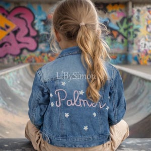 Custom Kids Denim Jacket – Hand-Embroidered Name & Flower Design, Personalized Jean Jacket for Children