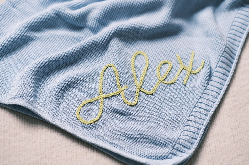 Wrap Your Little One in Warmth and Love with Our Hand-Embroidered Personalized Knit Baby Blanket A Custom Name Swaddle Blanket image 2