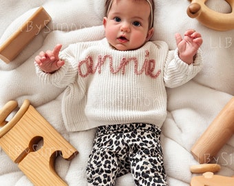 Festive Joy: Personalized Baby Sweater with Hand-Embroidered Name & Monogram - A Special Aunt's Gift for Baby Girl