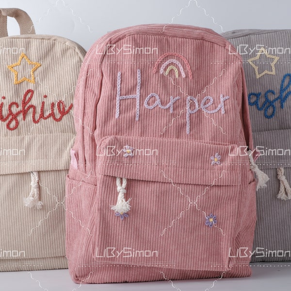 Custom Corduroy Backpack: Personalized Embroidered School Bag for Kids
