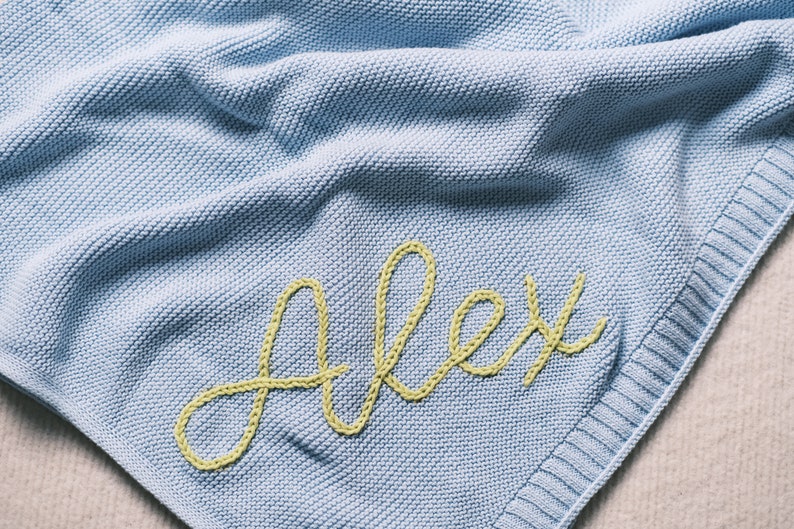 Wrap Your Little One in Warmth and Love with Our Hand-Embroidered Personalized Knit Baby Blanket A Custom Name Swaddle Blanket image 4