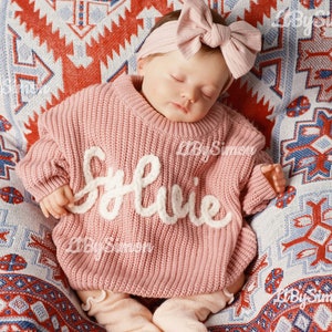 Festive Joy: Personalized Baby Sweater with Hand-Embroidered Name & Monogram - A Special Aunt&#39;s Gift for Baby Girl