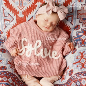 Festive Joy: Personalized Baby Sweater with Hand-Embroidered Name & Monogram - A Special Aunt's Gift for Baby Girl