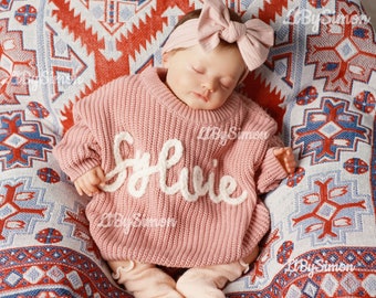 Festive Joy: Personalized Baby Sweater with Hand-Embroidered Name & Monogram - A Special Aunt's Gift for Baby Girl