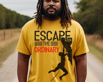 May include: A yellow t-shirt featuring a black silhouette of a rock climber and the text "ESCAPE THE ORDINARY" in black and red.