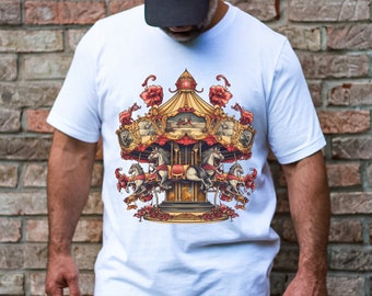 Vintage Carousel Wonderland Unisex T-shirt, Cherished Memories Retro Carousel Artwork Tee, Antique-Inspired, Old World Charm Carousel Print
