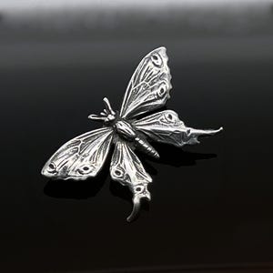 Può includere: Una spilla a forma di farfalla color argento caratterizzata da intricati motivi in rilievo sulle ali con dettagli circolari e punte inferiori allungate. La superficie metallica presenta una finitura lucida con aree scure incavate.