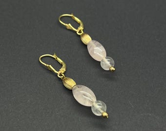 Vintage Gold Vermeil Rosenquarz Ohrringe, Boho Schmuck, Januar Geburtsstein