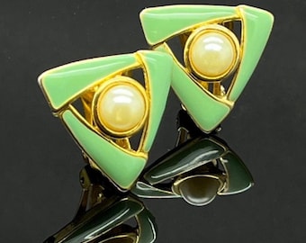 Vintage Gold Tone Clip-on Earrings, Green Enamel & Faux Pearl,  1980s Costume Jewellery