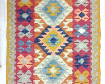 Handwoven Multicolor Wool Kilim Rug, Scandinavian Nordic Flatweave, Geometric Boho Living Room Area Carpet