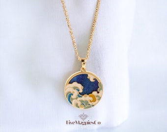 Gold Japanese Ukiyo-e Pendant Necklace | Gold Necklace | Ocean Wave Pendant | Handmade Jewellery | Bohemian Retro Design | Gift for Her