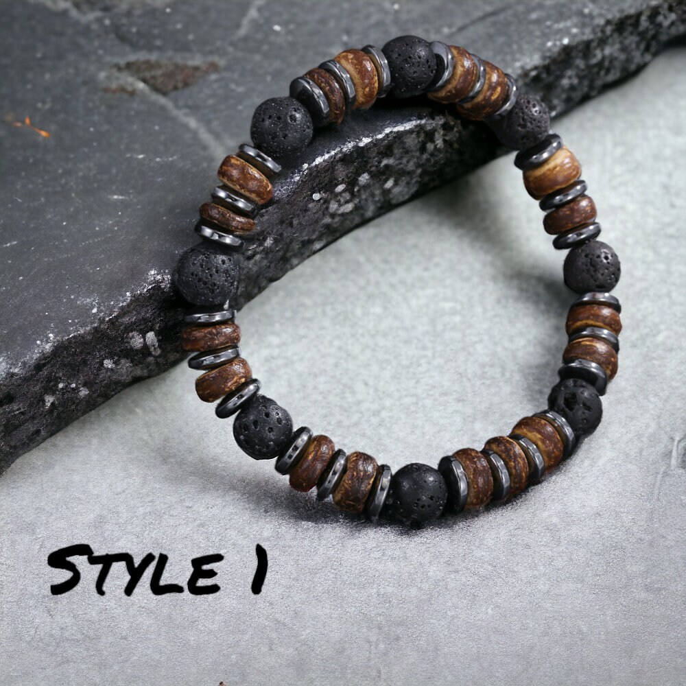 ブレスレット SK8ER ROCK Eight Ball Wood Stone Beads Bracelet 001 Volcanic Stone Bracelet for Men Lava Wooden 8mm Beads