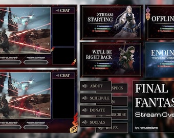 May include: A Final Fantasy XVI stream overlay pack with a dark background and red accents. The overlay includes a chat box, a stream starting screen, a we'll be right back screen, an ending screen, and a set of buttons for about, schedule, donate, socials, and rules.