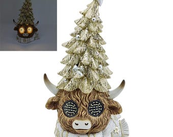 Blinking Highland Cow Christmas Tree Head Xmas Decoration Warm White LED Gold White 26cm