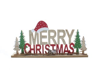 34cm Wooden Merry Christmas Sign Xmas Decoration with Santa Hat Festive
