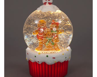 Gingerbread Family Snow Globe Christmas Decoration Xmas Décor 19cm with LED Lights