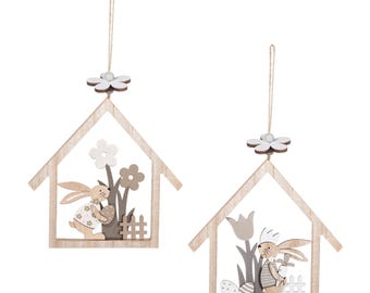 Set of 2 Wooden Easter House with Rabbit Scene Hanging Ornament